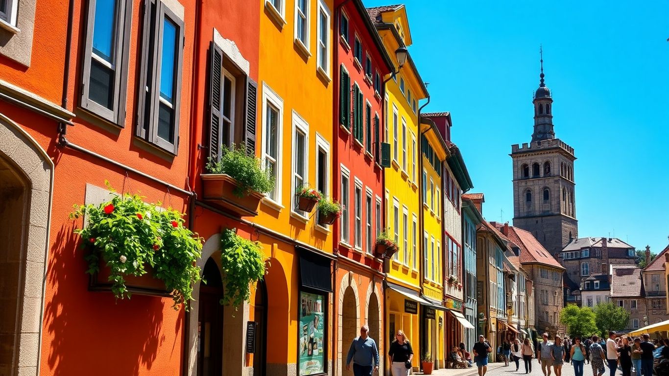 Charming European city street with colorful buildings and cobblestones.