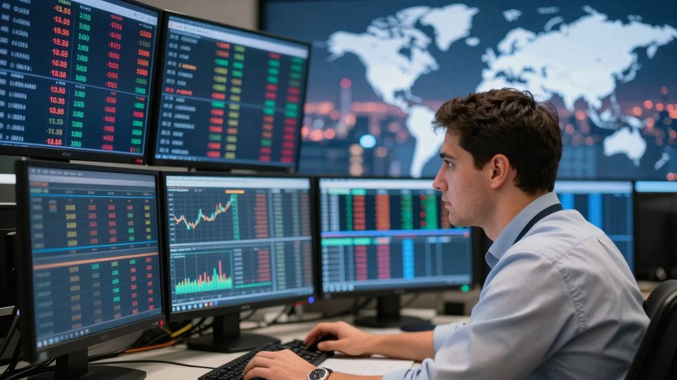 Forex trading screens and global market imagery.