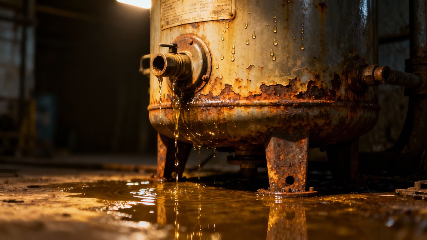 Rusty water heater with water leaking from the bottom.