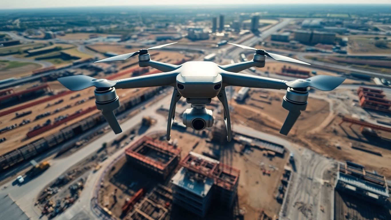 Drone filming large construction site from above.