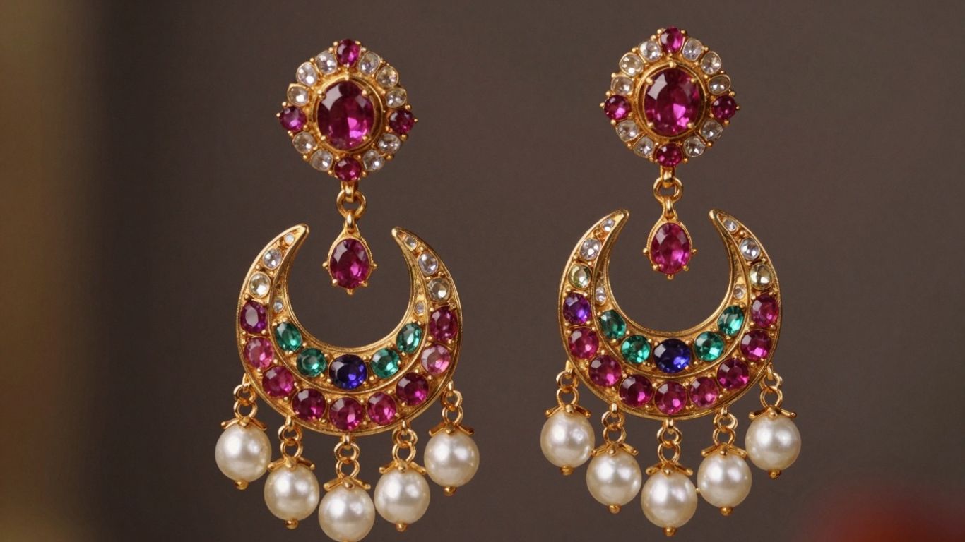 Intricate Kundan Chandbali earrings with gemstones and pearls.