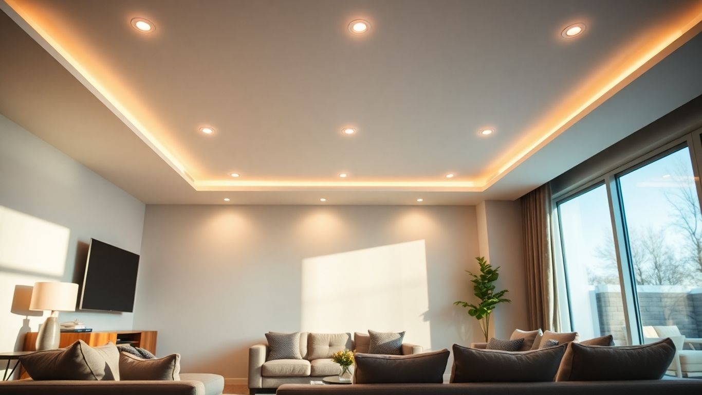 Modern living room with bright LED ceiling lights.