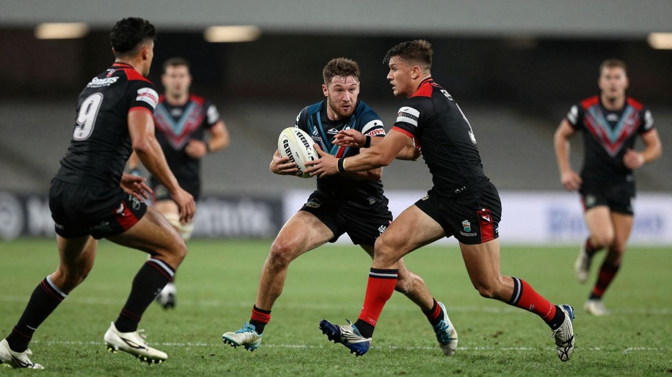 Rugby league players in action on a field.