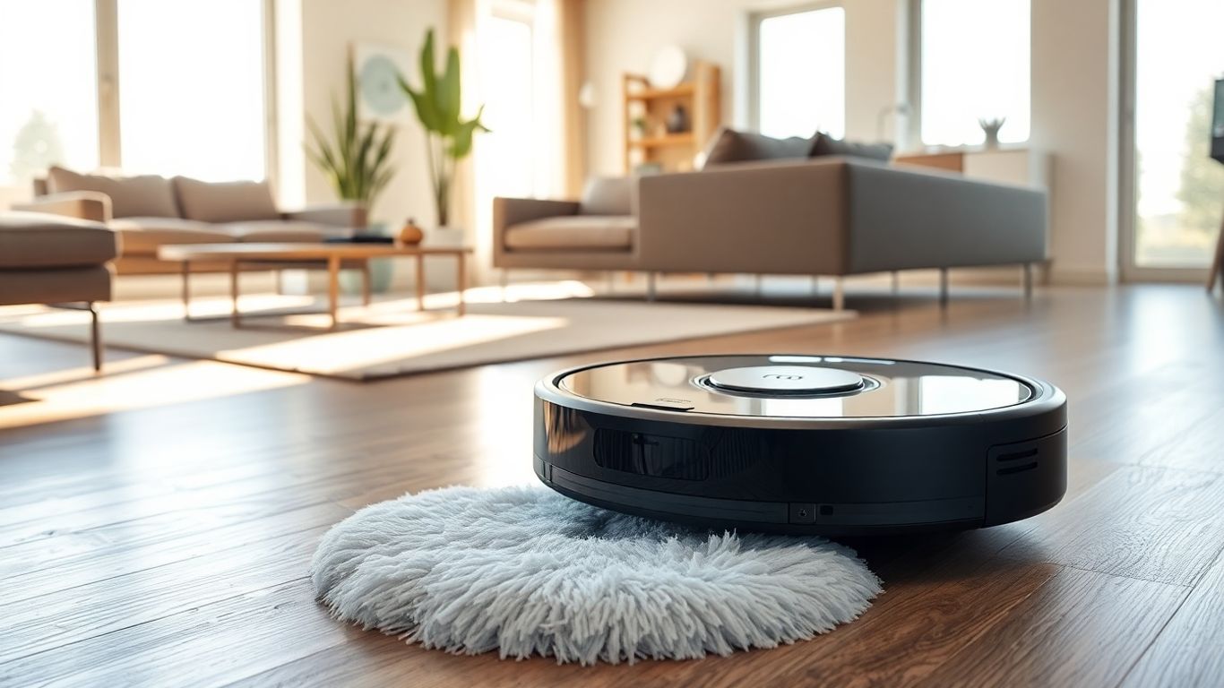 Aspirador robô limpando sala moderna com móveis elegantes