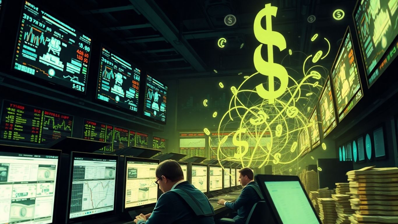 Hedge fund traders in a high-stakes financial environment.