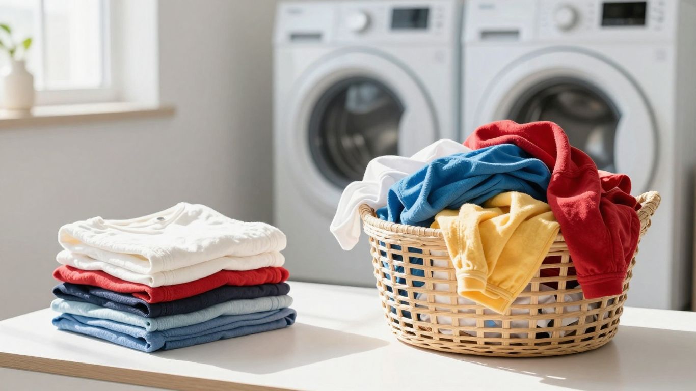 Clean laundry room with folded clothes and sunlight.