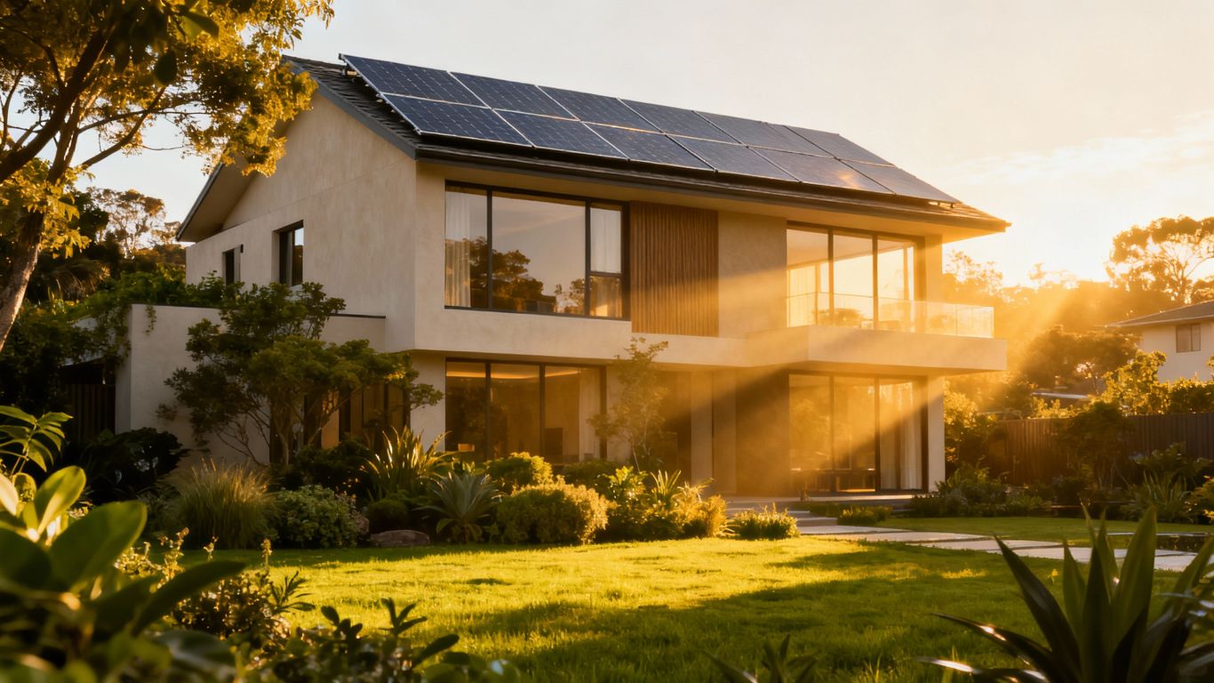 Modern eco-friendly house with solar panels and green landscaping.