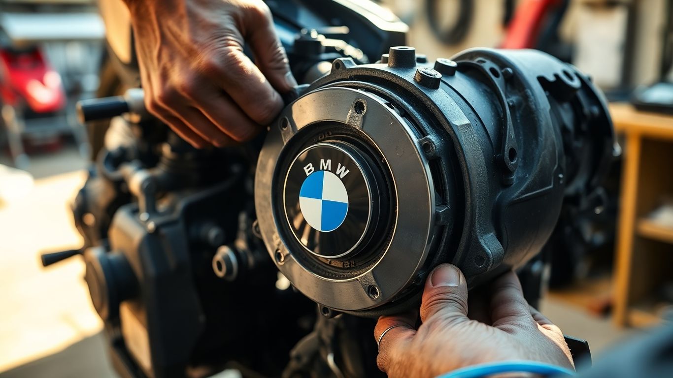 Mechanic's hands working on salvaged BMW engine part.