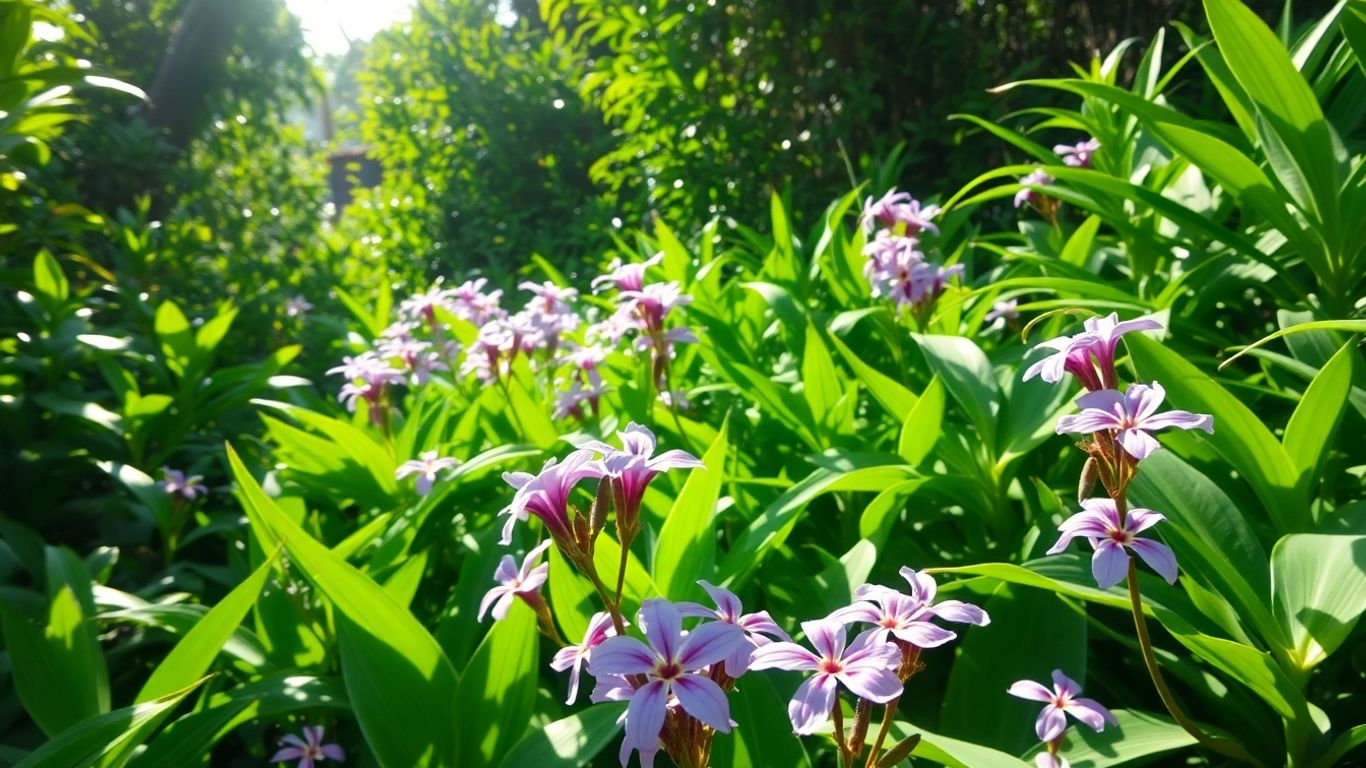 Lush Balinese healing garden with vibrant medicinal plants and flowers.