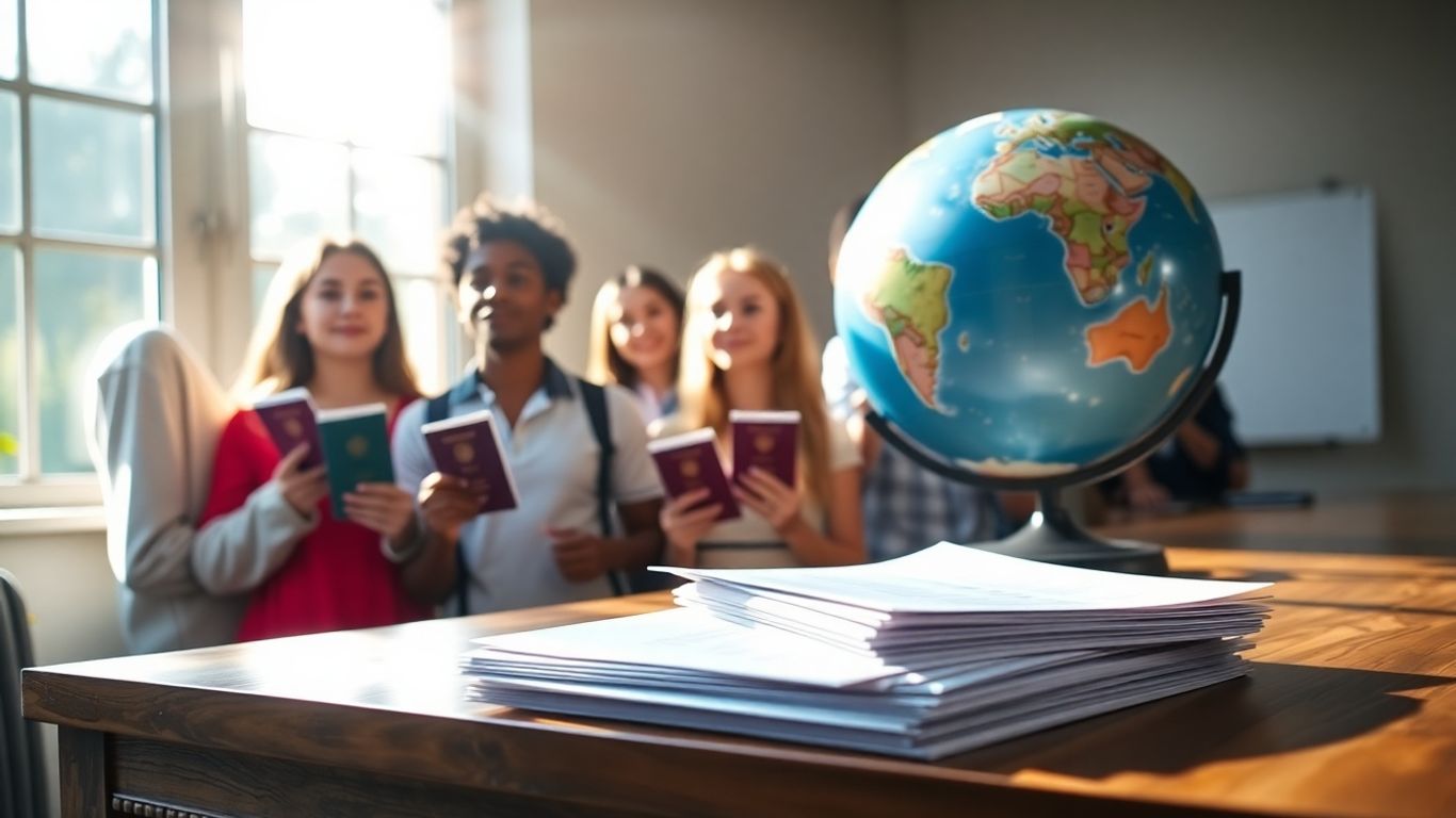 Students with passports looking at a globe, university letters on desk.