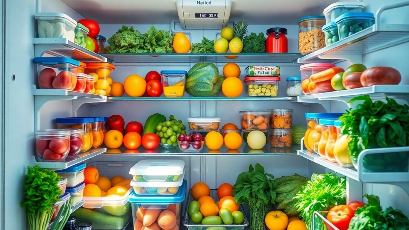 Frigider organizat cu legume și fructe proaspete.