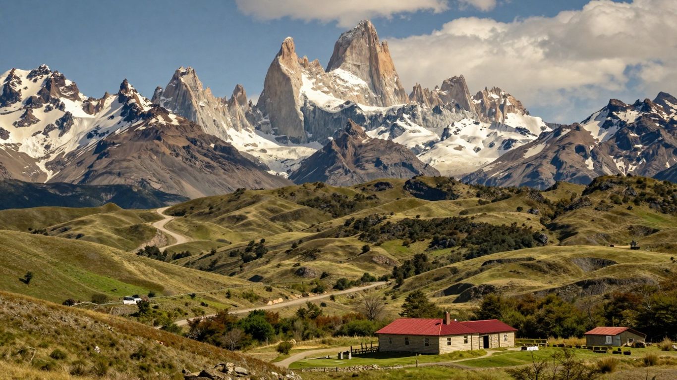 Patagonian peaks and estancia with a winding road.