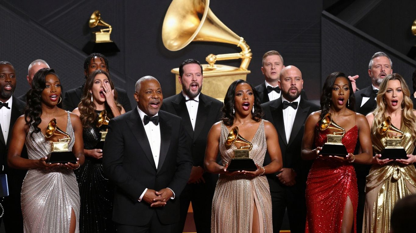 Grammy Winners 2026: Who's Taking It Home? 4 Grammy Awards 2026 trophies and excited artists.