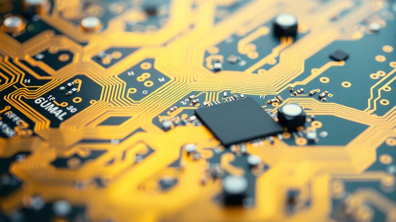 Aerospace PCB assembly with intricate gold traces and components.
