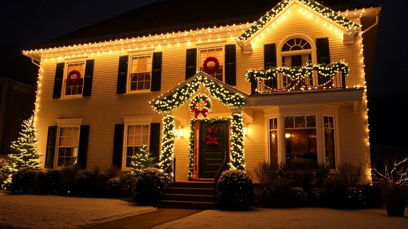 House with permanent Christmas lights glowing at night.