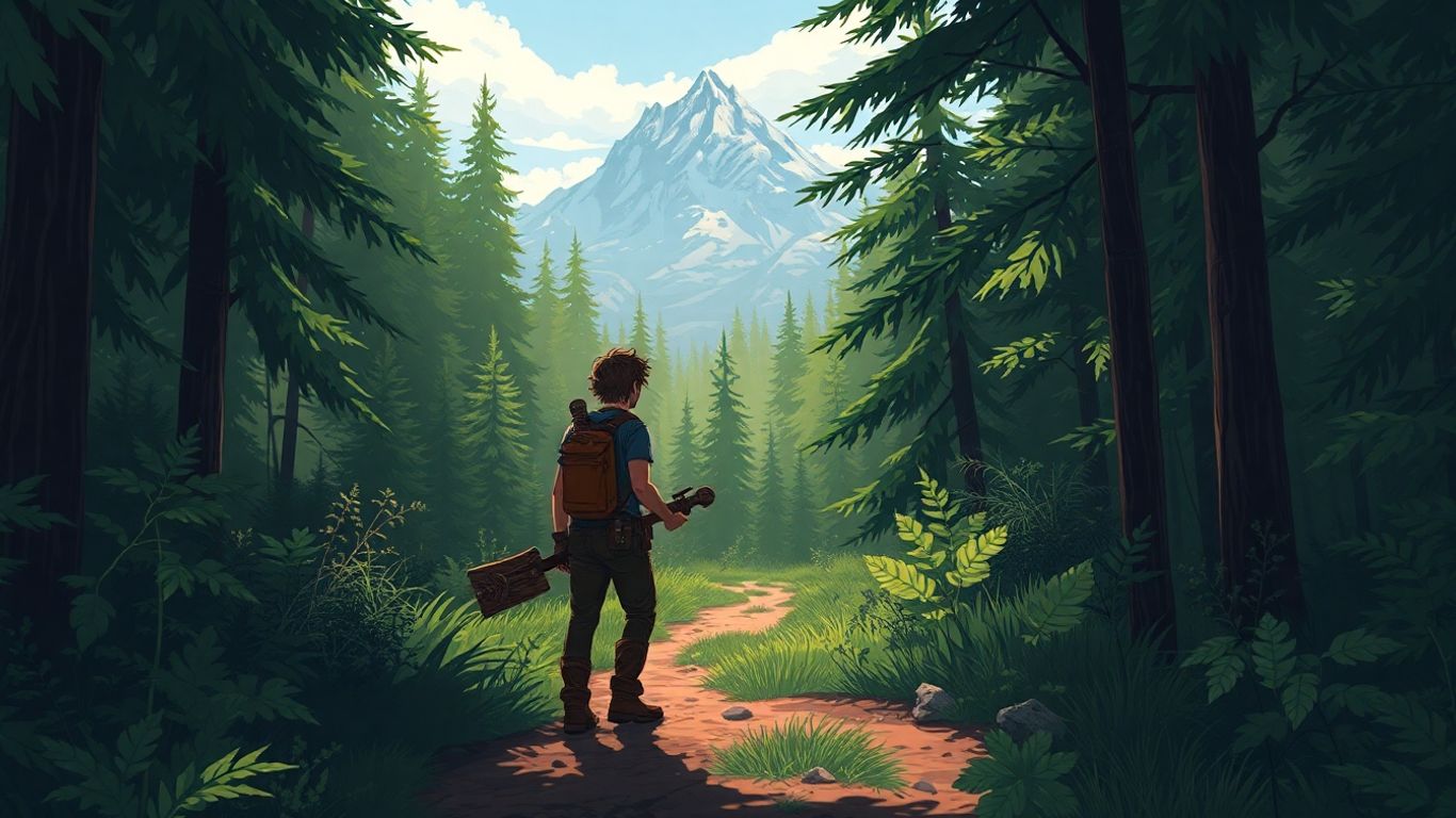 Adventurer in forest, ready for survival RPG.