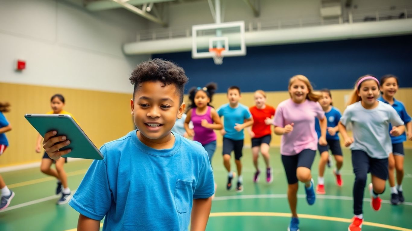 Schüler im Sportunterricht mit digitalen Werkzeugen