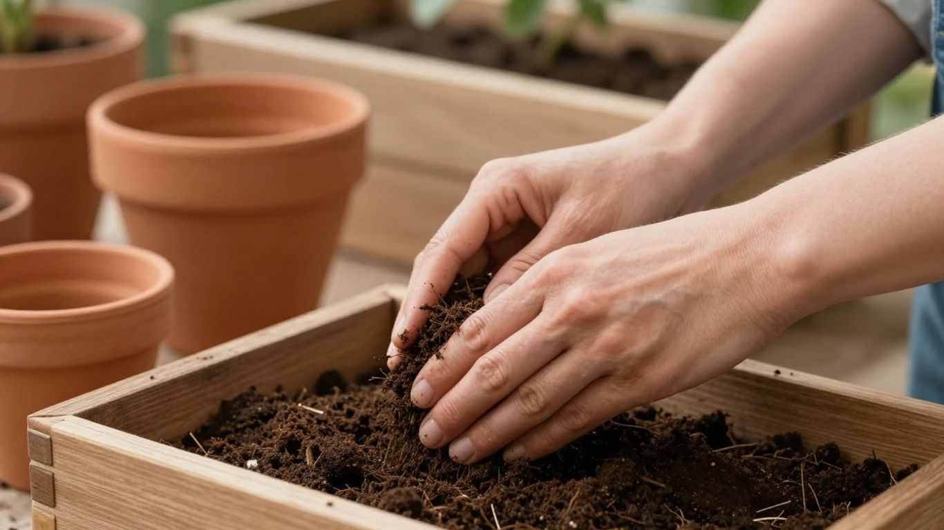 Gärtnerhände prüfen Blumenerde in Töpfen und Kästen.