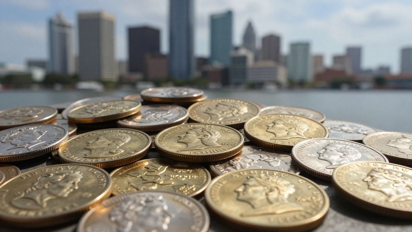 Private mint coins with Tampa skyline background.
