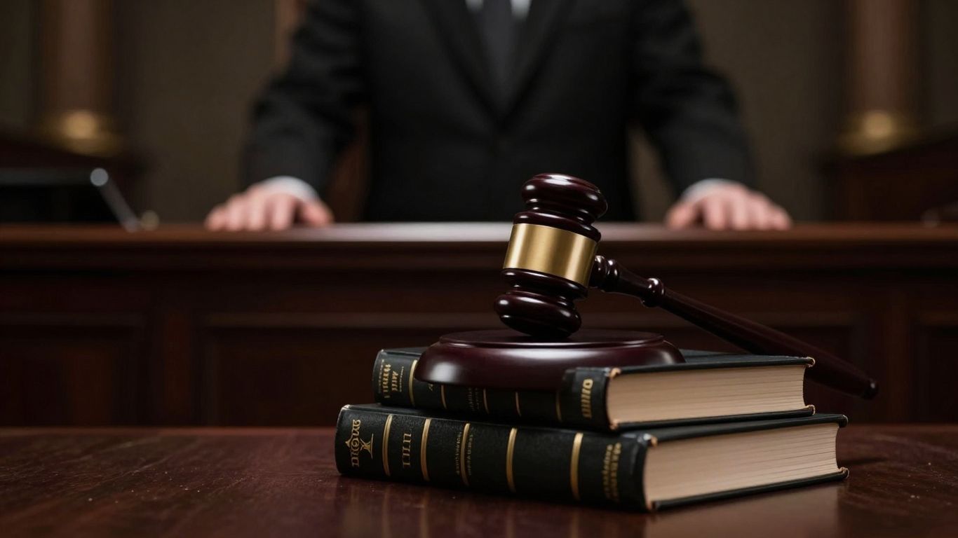 Gavel on books in a courtroom.