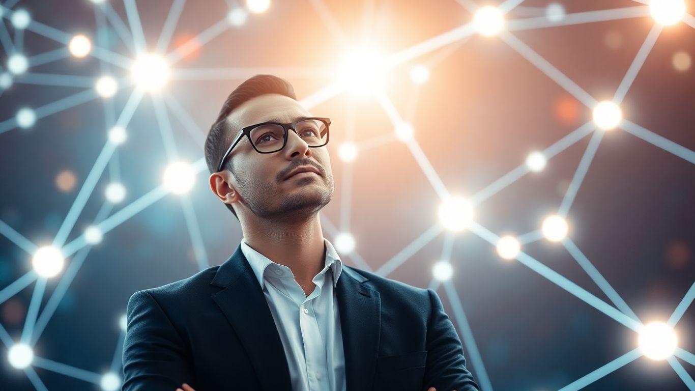 Professional looking at glowing digital blockchain network