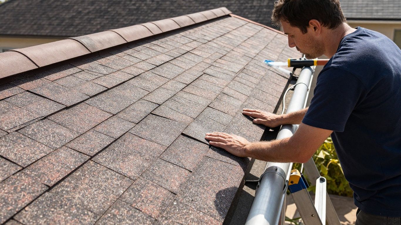 Homeowner performing DIY roof maintenance tasks.