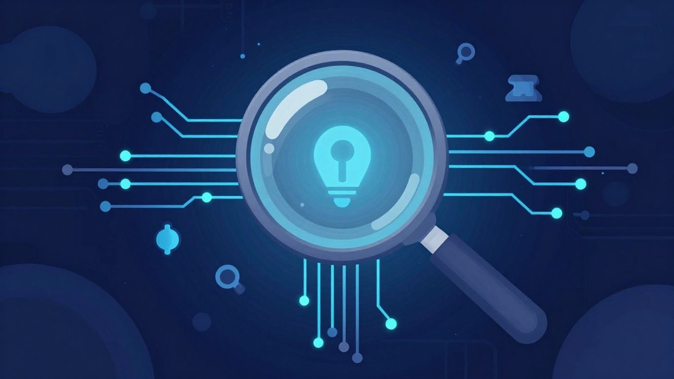 Abstract digital network with magnifying glass exploring AI.