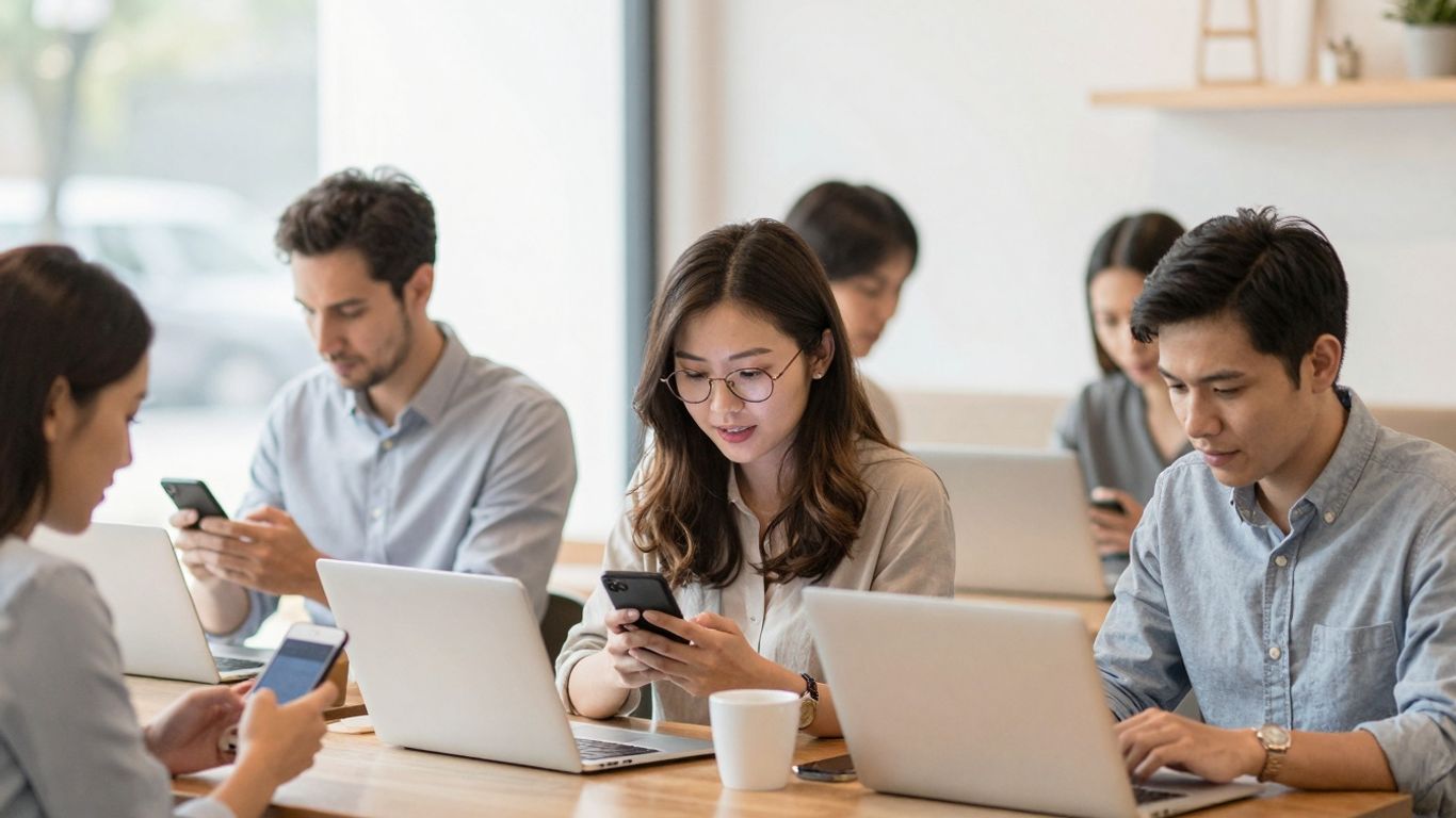 People using technology and interacting in a cafe.