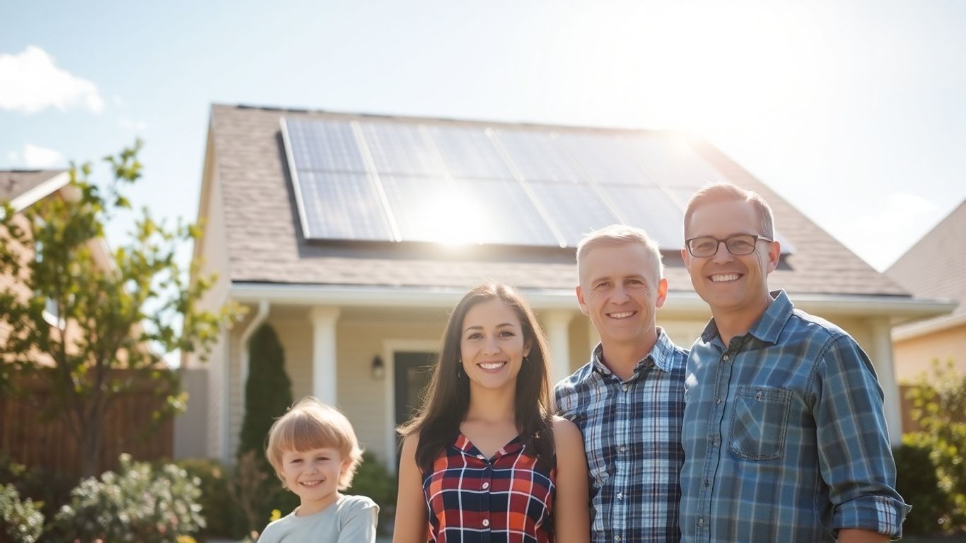 Home with solar panels and happy family.