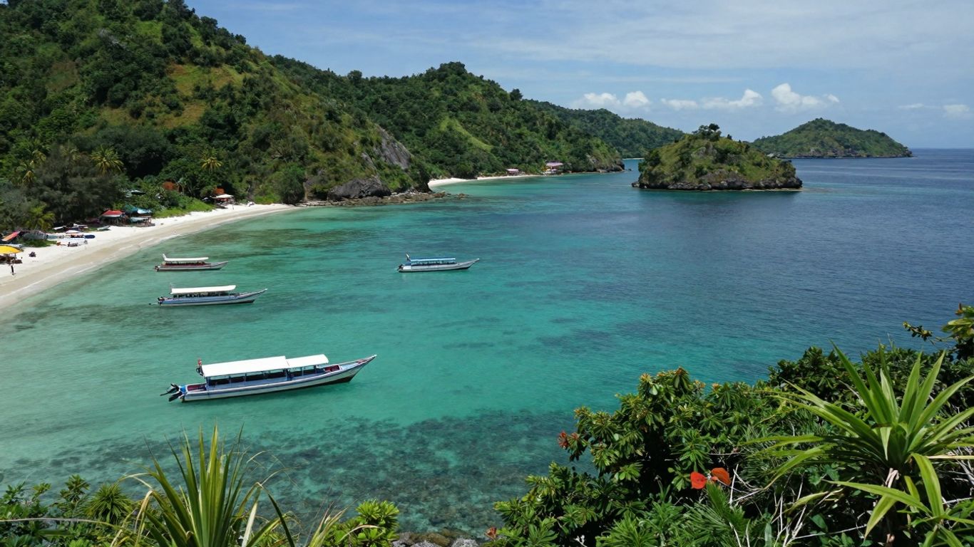 Labuan Bajo coastline with islands and boats.