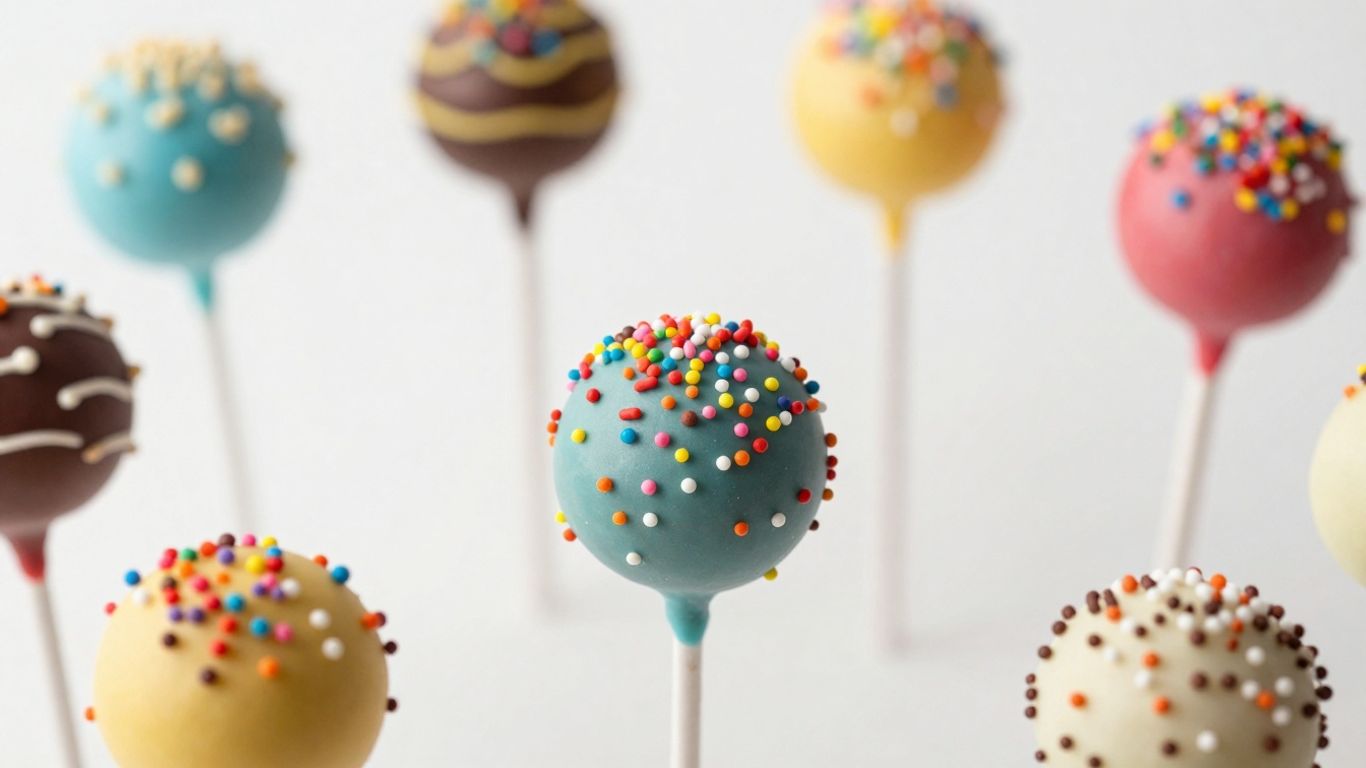 Bunte Cake Pops mit Streuseln auf weißem Hintergrund