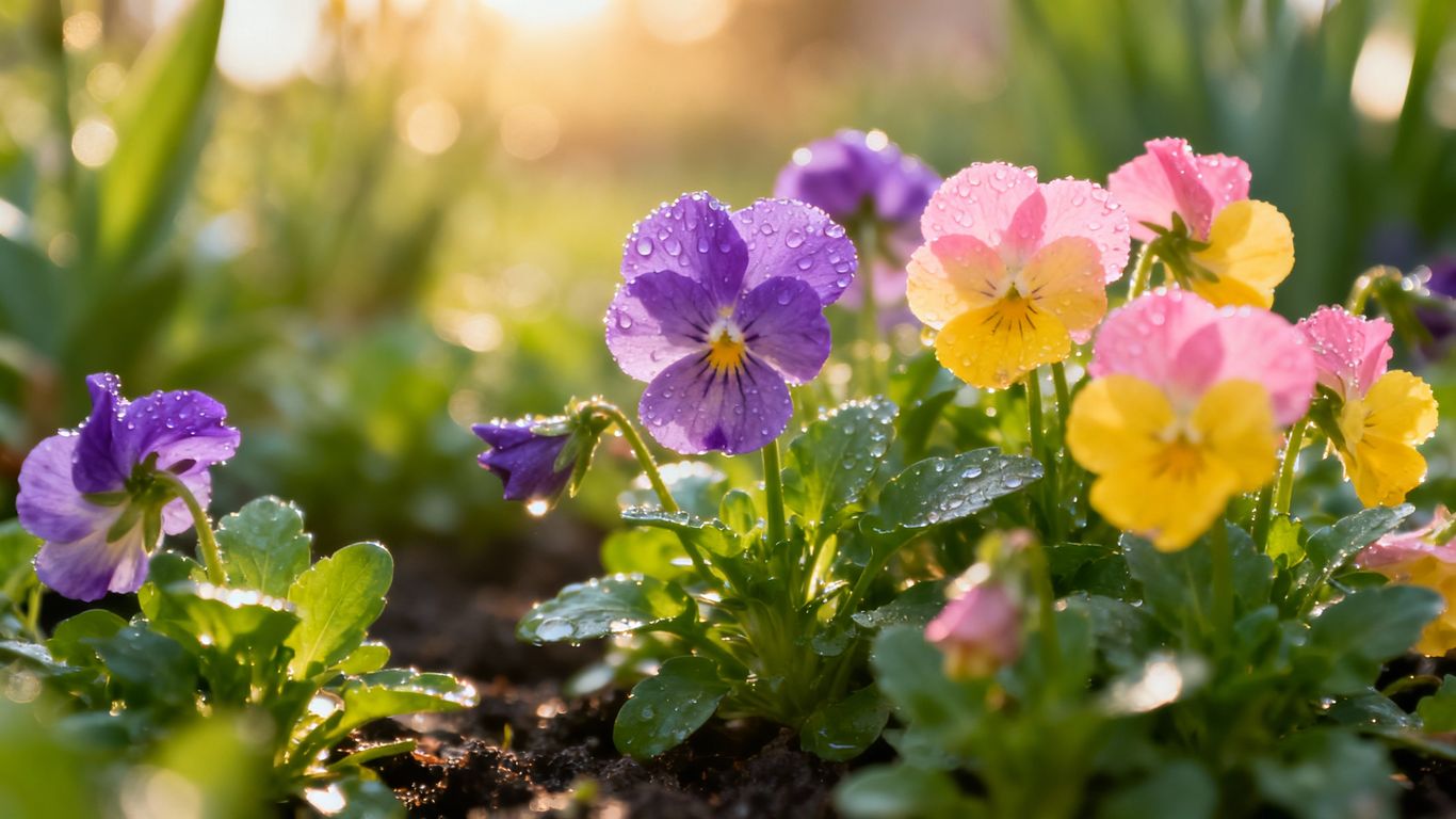 Early spring perennial flowers blooming in a garden.