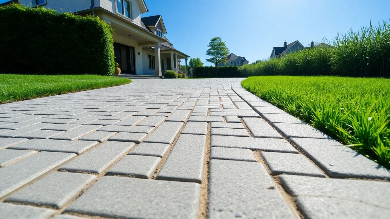 Newly laid grey paving stone driveway leading to house.