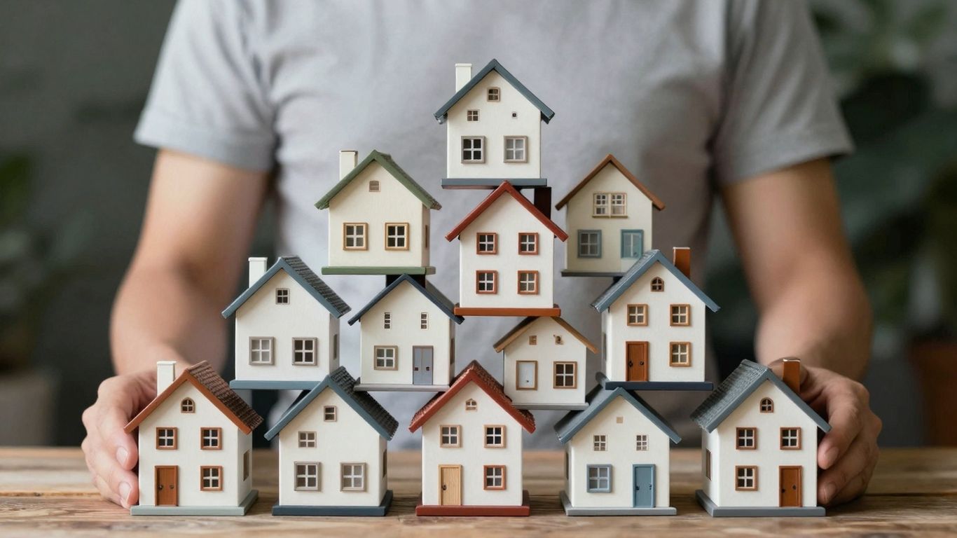 Real estate investor stacking houses, symbolizing portfolio growth.