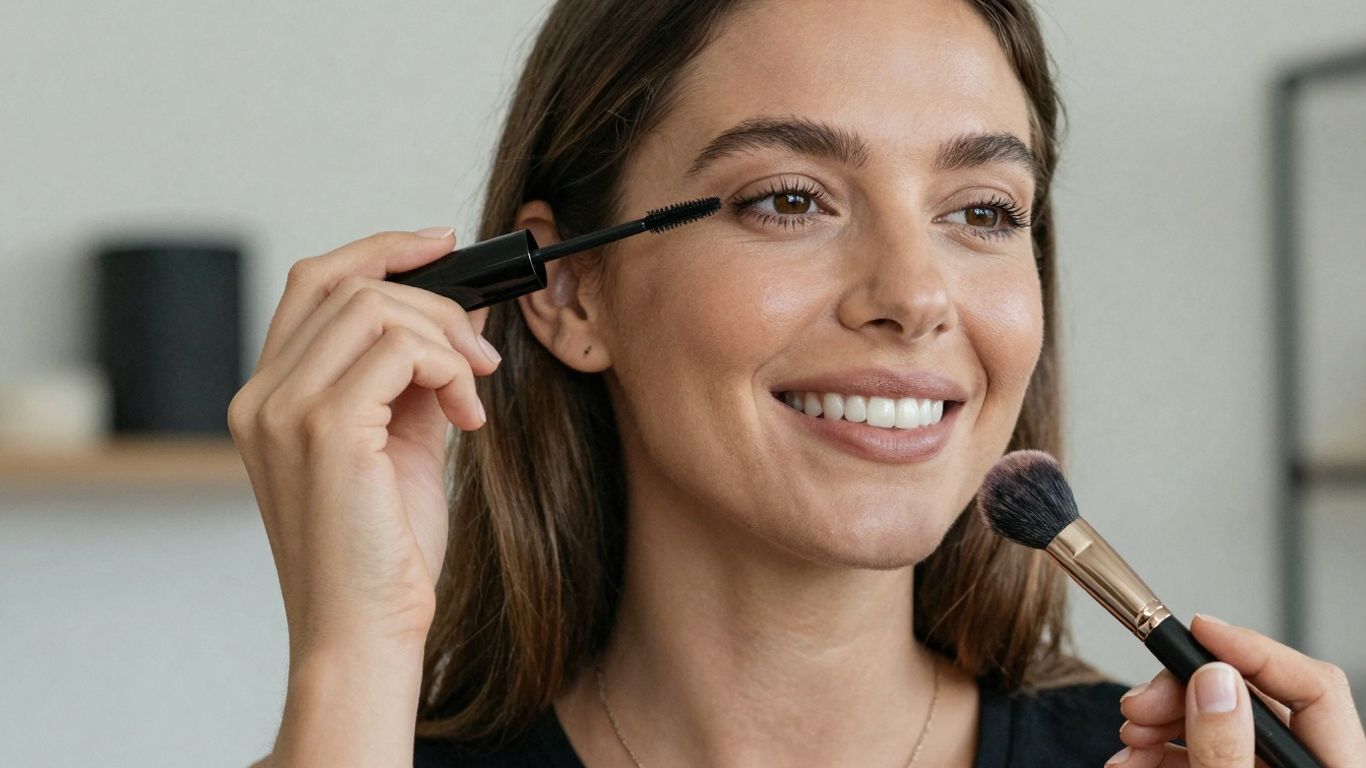 Woman applying quick makeup for a busy day.