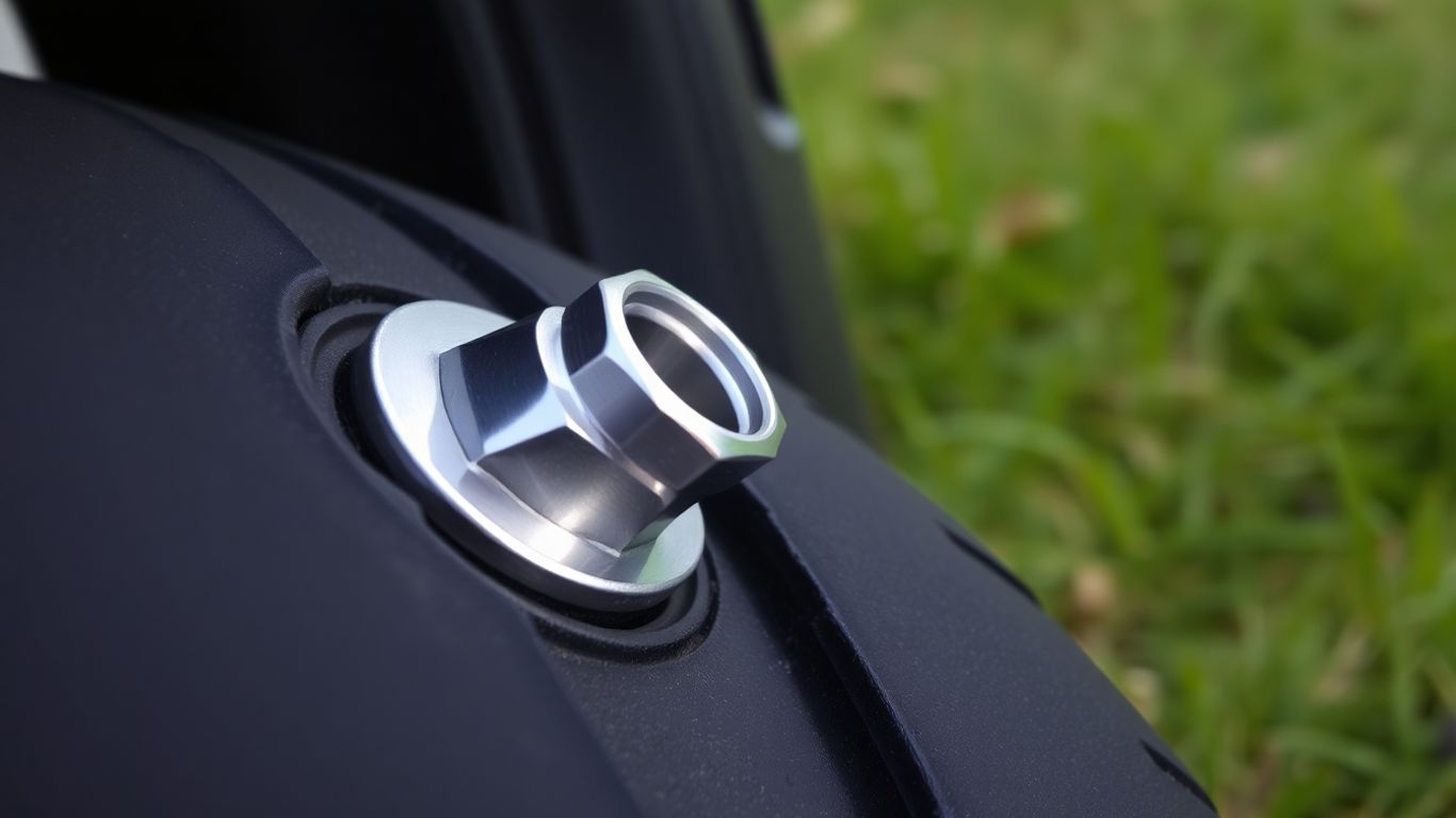 Close-up valve stem cap on car tire outdoors.