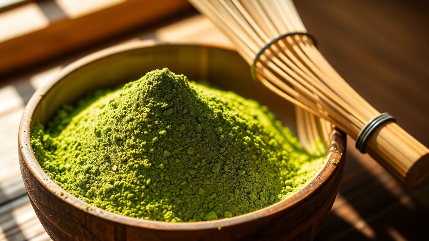 Bulk matcha powder with bamboo whisk in a wooden bowl.