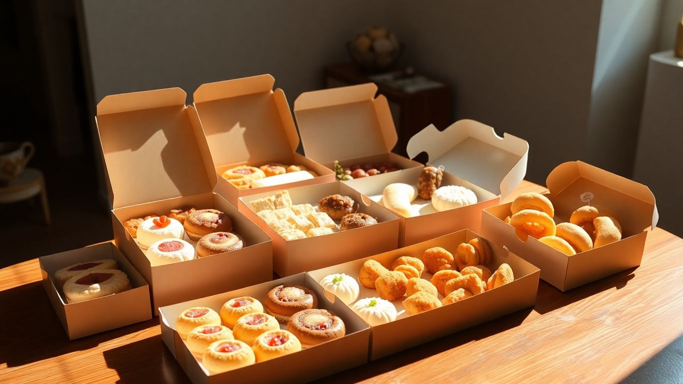 ขนมกล่องหลากหลายวางบนโต๊ะไม้ในบ้าน