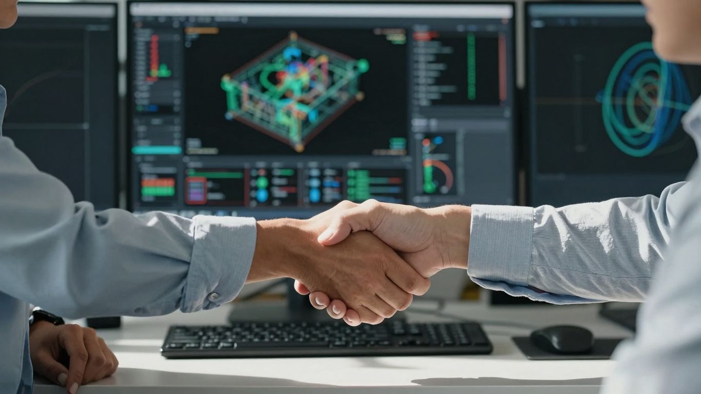 Business people shaking hands with SolidWorks designs on screen.