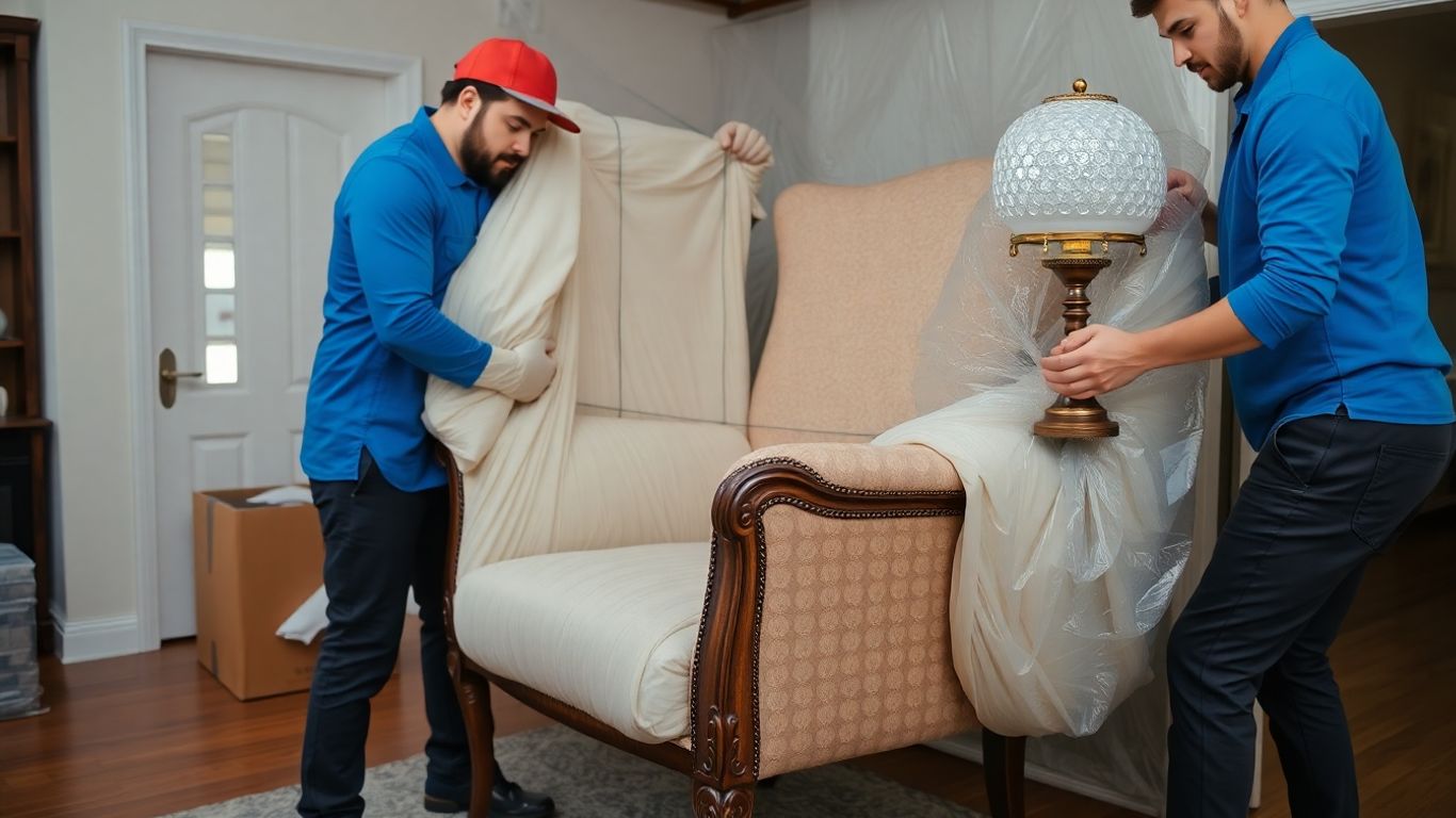 Movers carefully packing furniture and specialty items for a move.