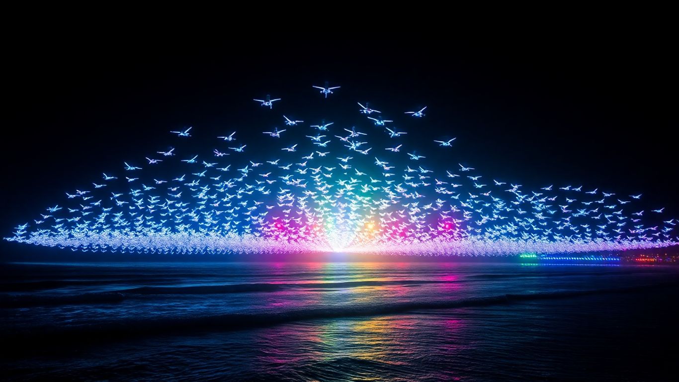 Bali drone light show over the ocean at night.