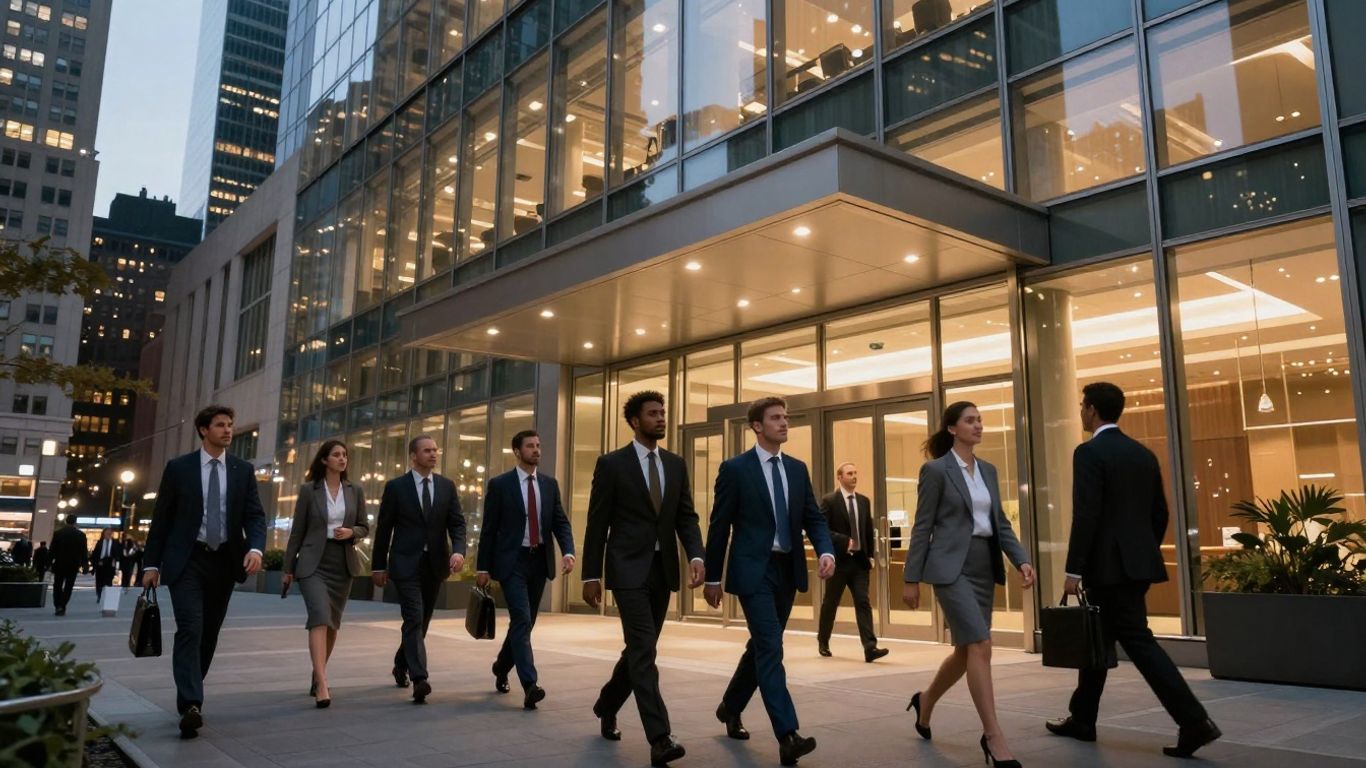 New York City skyline with finance professionals walking towards office.