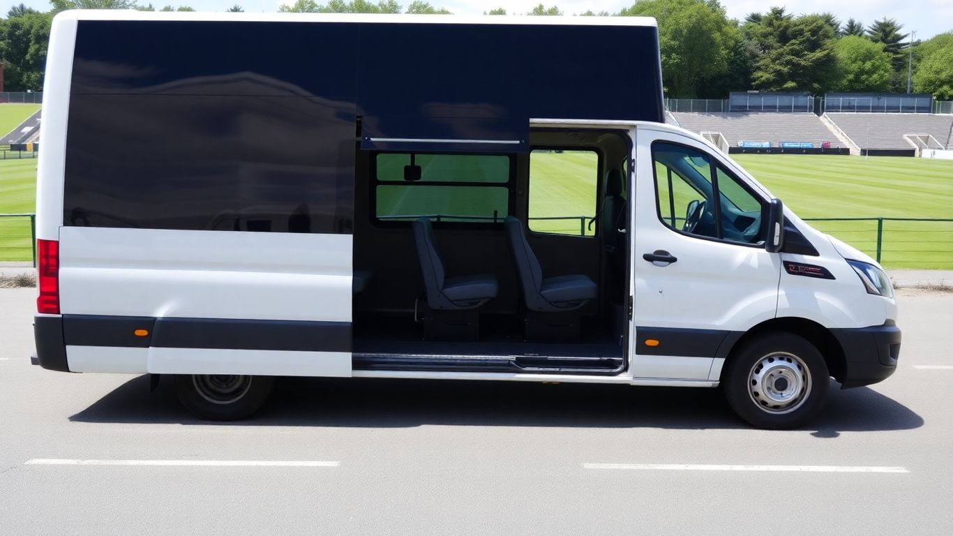 Minibus ready for sports event in Slough.
