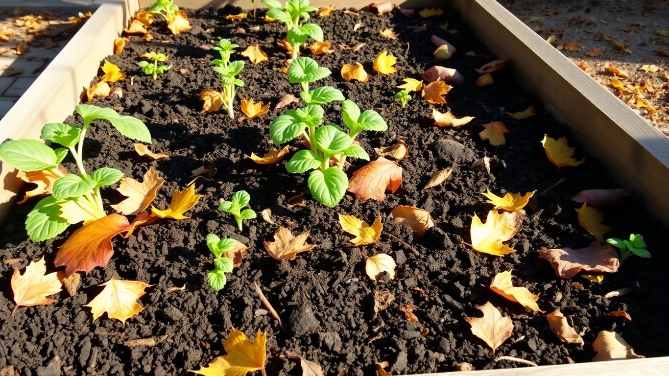 Hochbeet mit Herbstlaub und gesunden Pflanzen