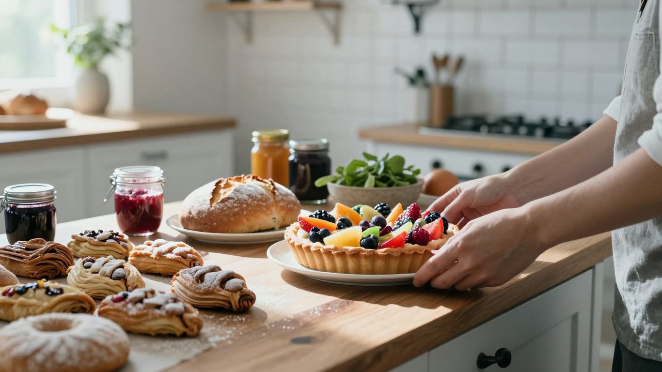 Home kitchen with baked goods and fresh ingredients.