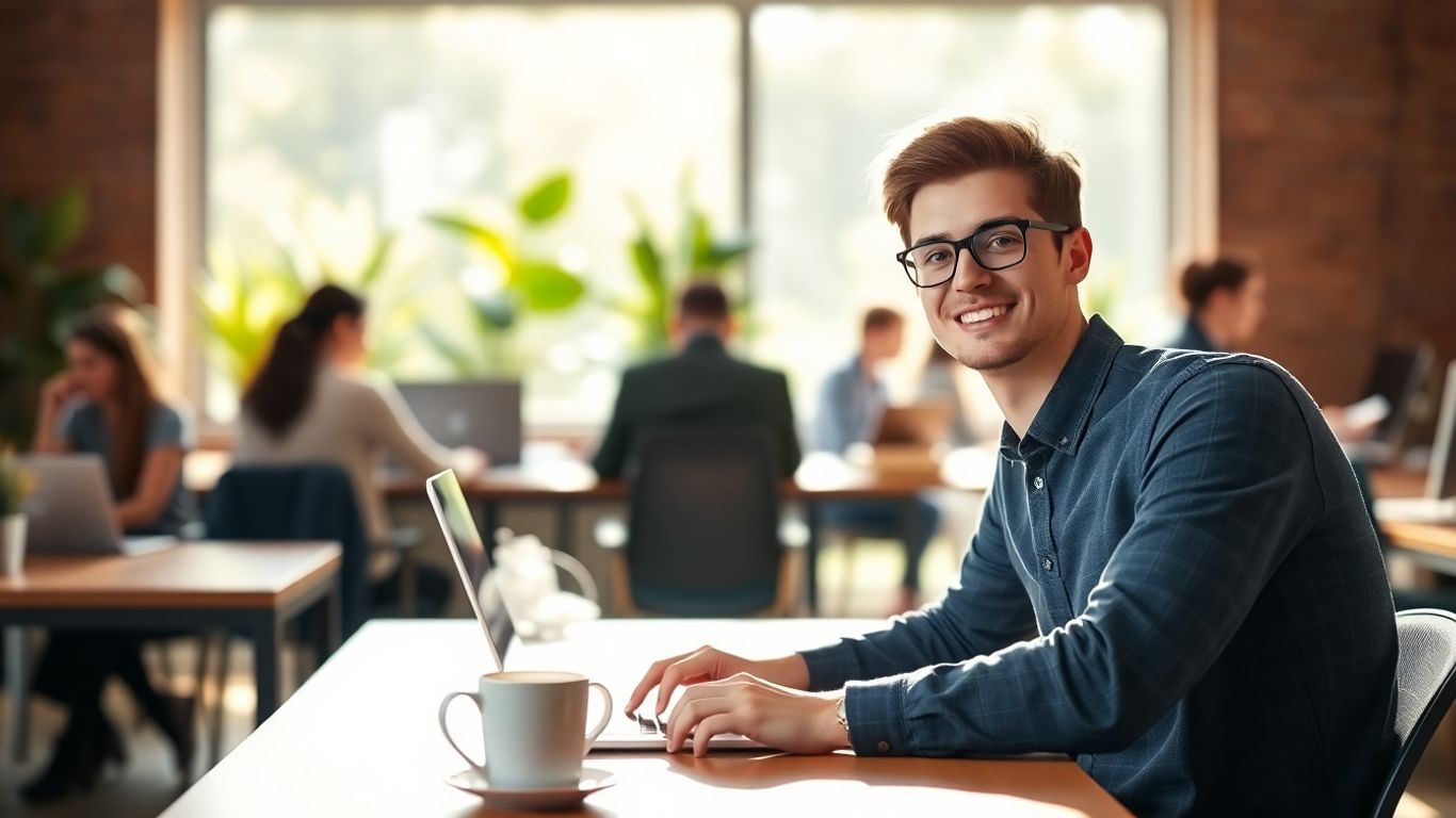 Person working on laptop in modern office