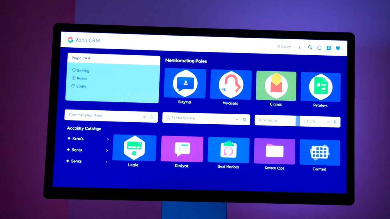 Zoho CRM interface with modules and data fields.
