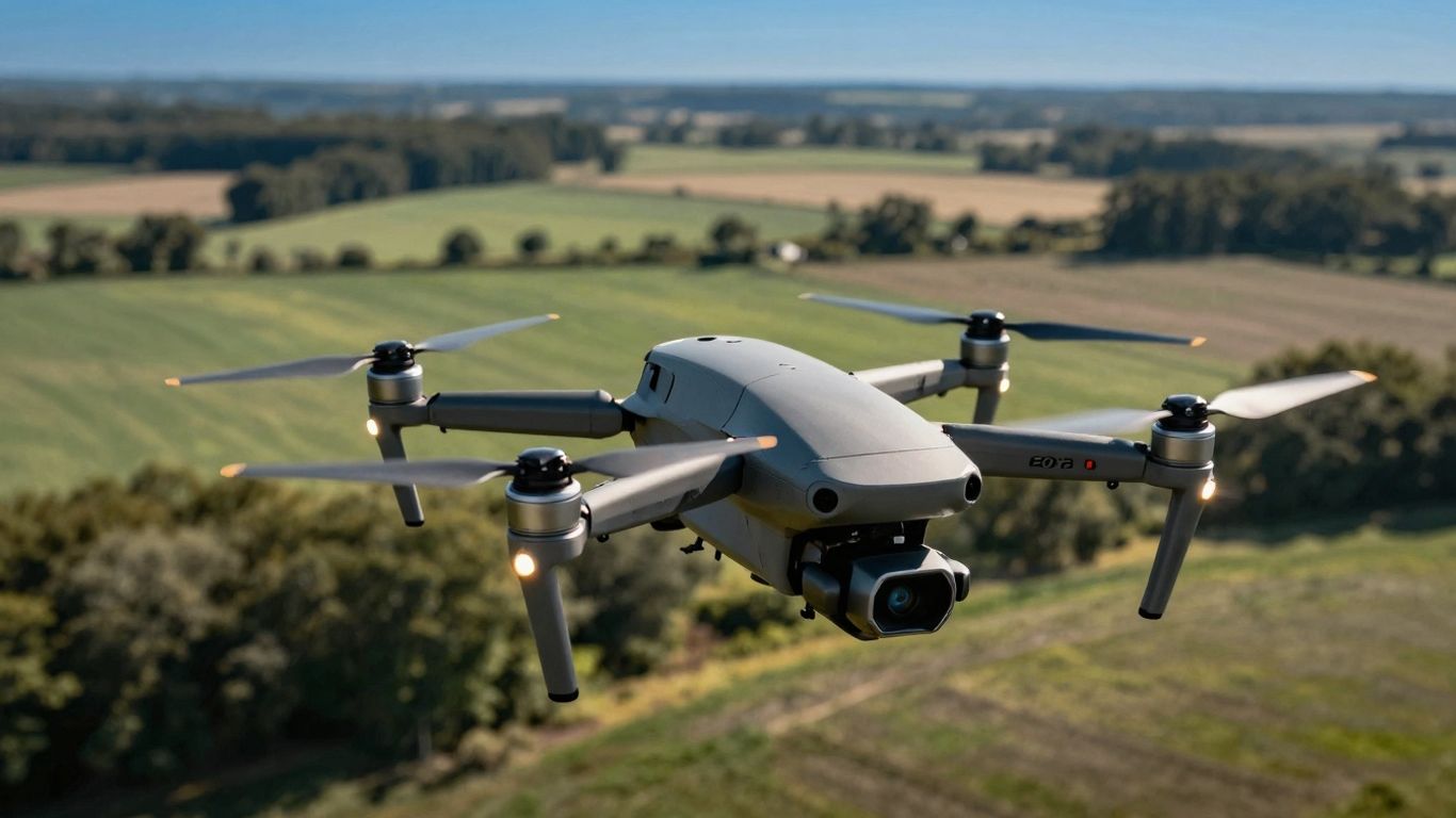 Drone flying in a clear blue sky over green fields.
