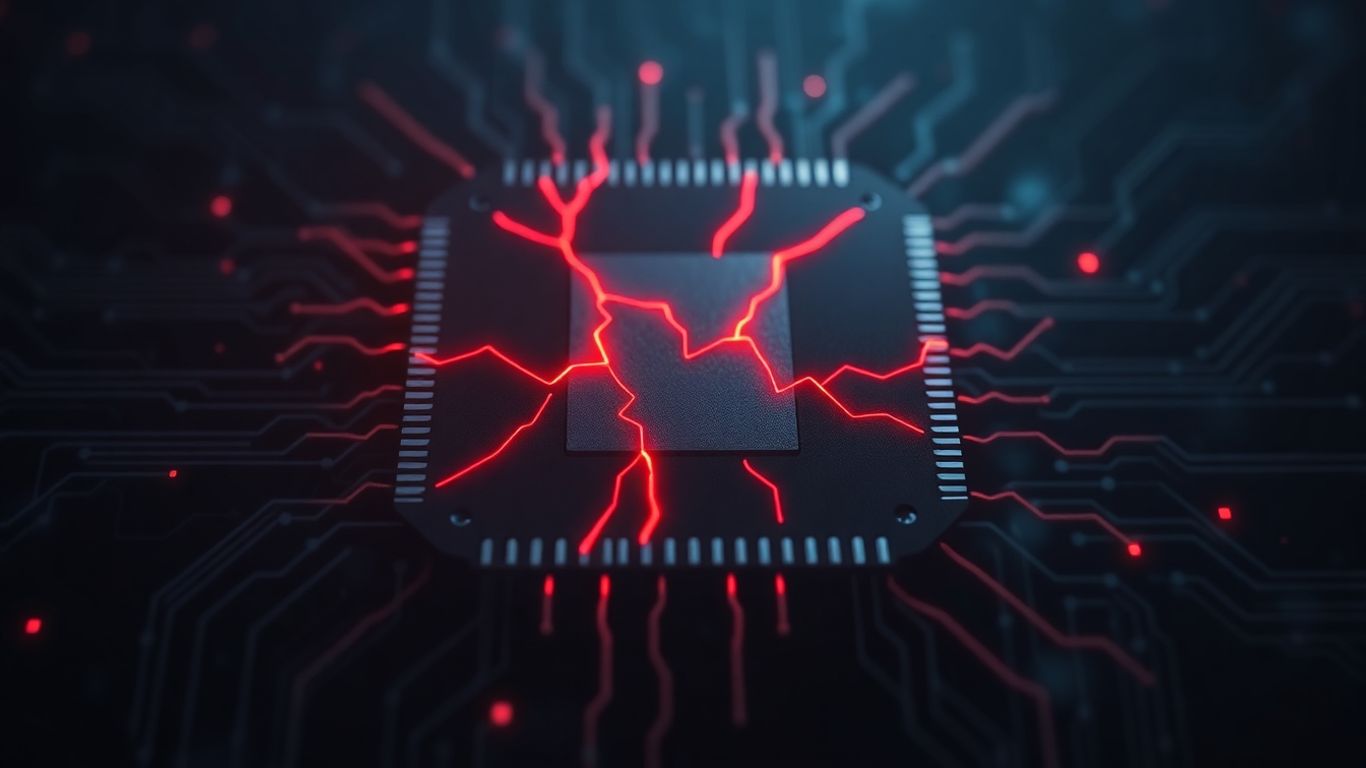 Abstract AI chip with red cracks and code