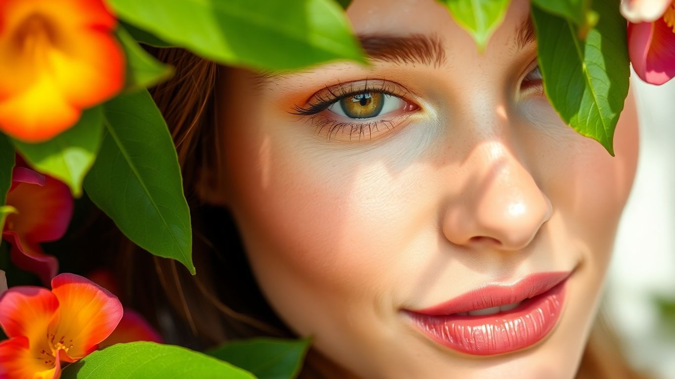 Woman with radiant skin and natural botanicals.